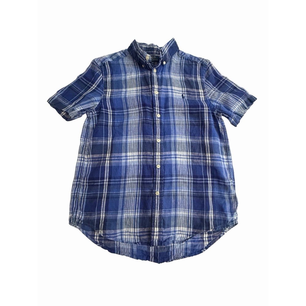 Polo Ralph Lauren Boys 14-16 100% Linen Plaid Shirt Button Down Pony Logo Qqq11